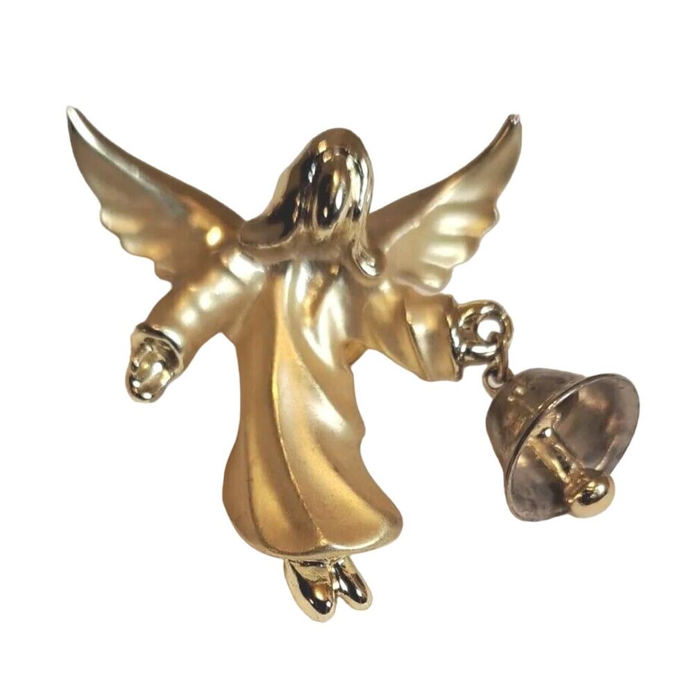 Vintage 90s Gigi Giusti Angel Bell Tack Pin Gold Tone Metal Signed Christmas